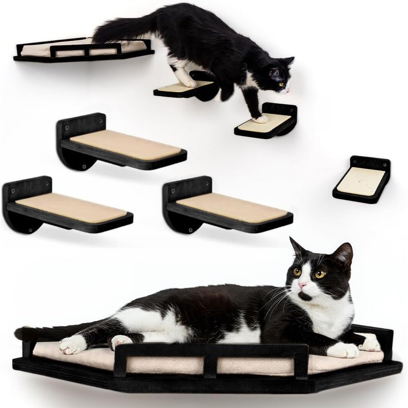 INICIO Cat Wall Shelves - Modern and Durable 3 Step Cat Furniture for Wall - Stylish Birch Floating Shelf for Cats up to 15lbs - Wooden Corner Shelves with Cushioned Perch - Black - Image 1